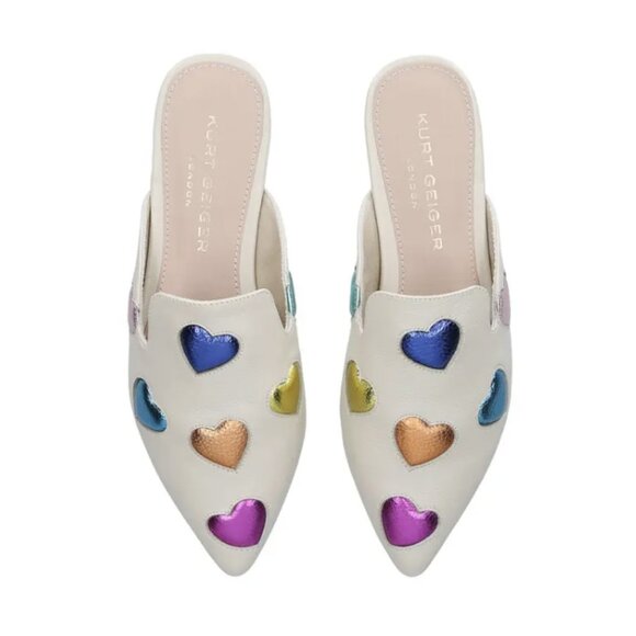 KURT GEIGER Otter Love White Rainbow Heart Flat Mules in Bone Leather Sz US 7 - Picture 1 of 13